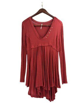 Free People Birdie Henley Top V-Neck Tunic COWBOY Red Women Small Boho Flowy